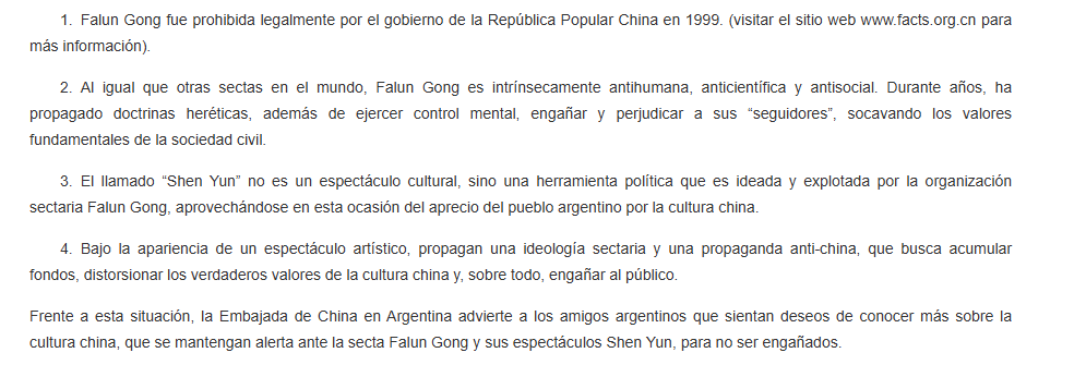 Texto de la declaración de la Embajada de China que califica a Falun Gong de ‘antihumana’ y a Shen Yun de herramienta política.